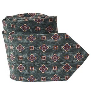 Jos. A. Bank Men's 100% Silk Necktie Designer Green Medallion Pattern Hand‎ Sewn